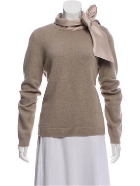 Tory Burch Taupe Scarf-Neck Wool Blend Sweater